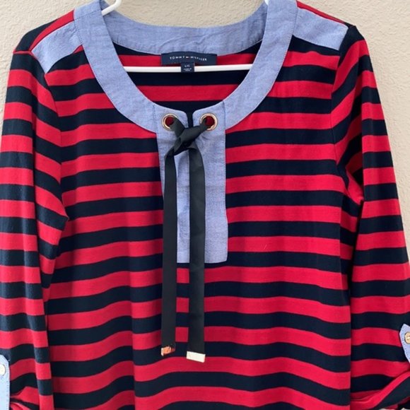 Tommy Hilfiger Red Blue Striped Nautical Women's Shirt Size Large - Picture 6 of 8